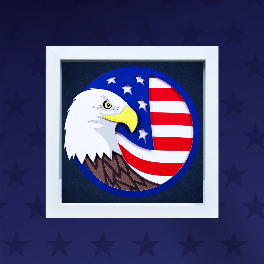 A shadowbox with layers of colored paper making a bald eagle and American flag design
