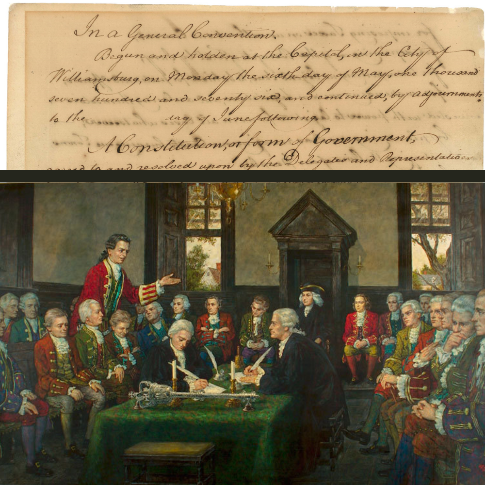 Painting of several people in colonial clothing having a discussion