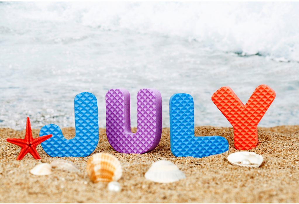 email header beach with sand, wave, seashells and the word July