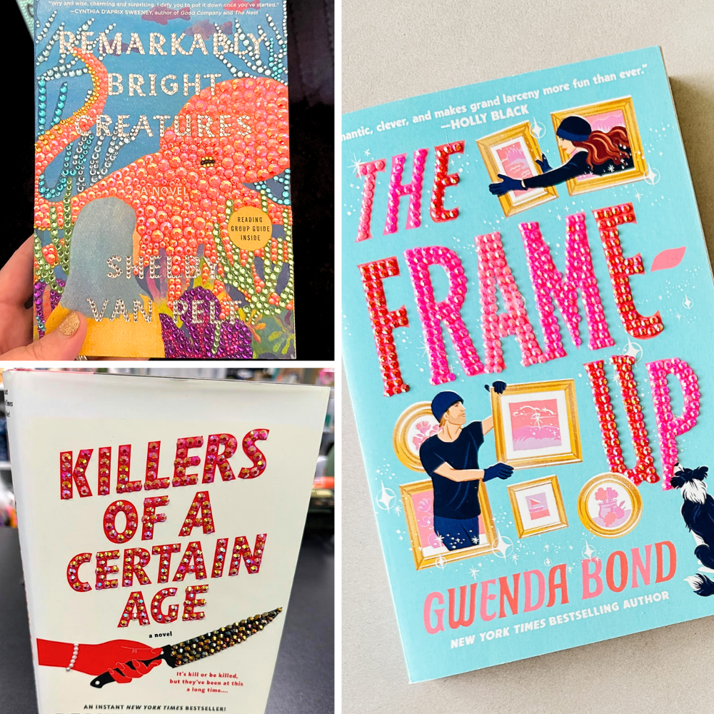 Several book covers with sequins attached. 