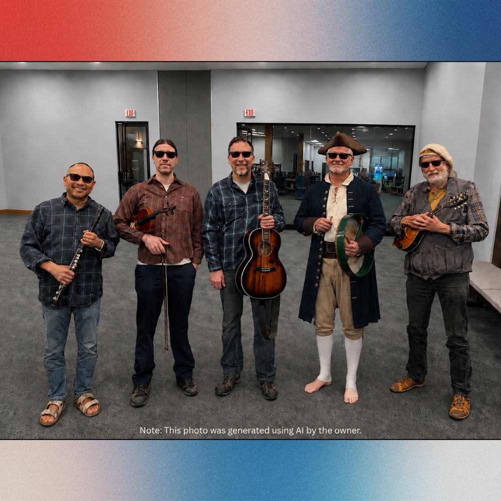 AI generated image of a group of men holding instruments