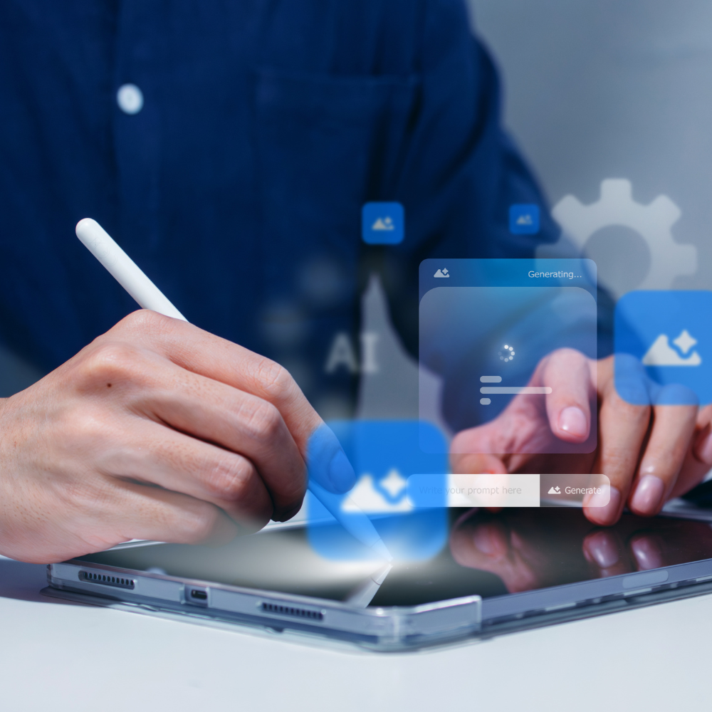 Person working on computer with floating icons