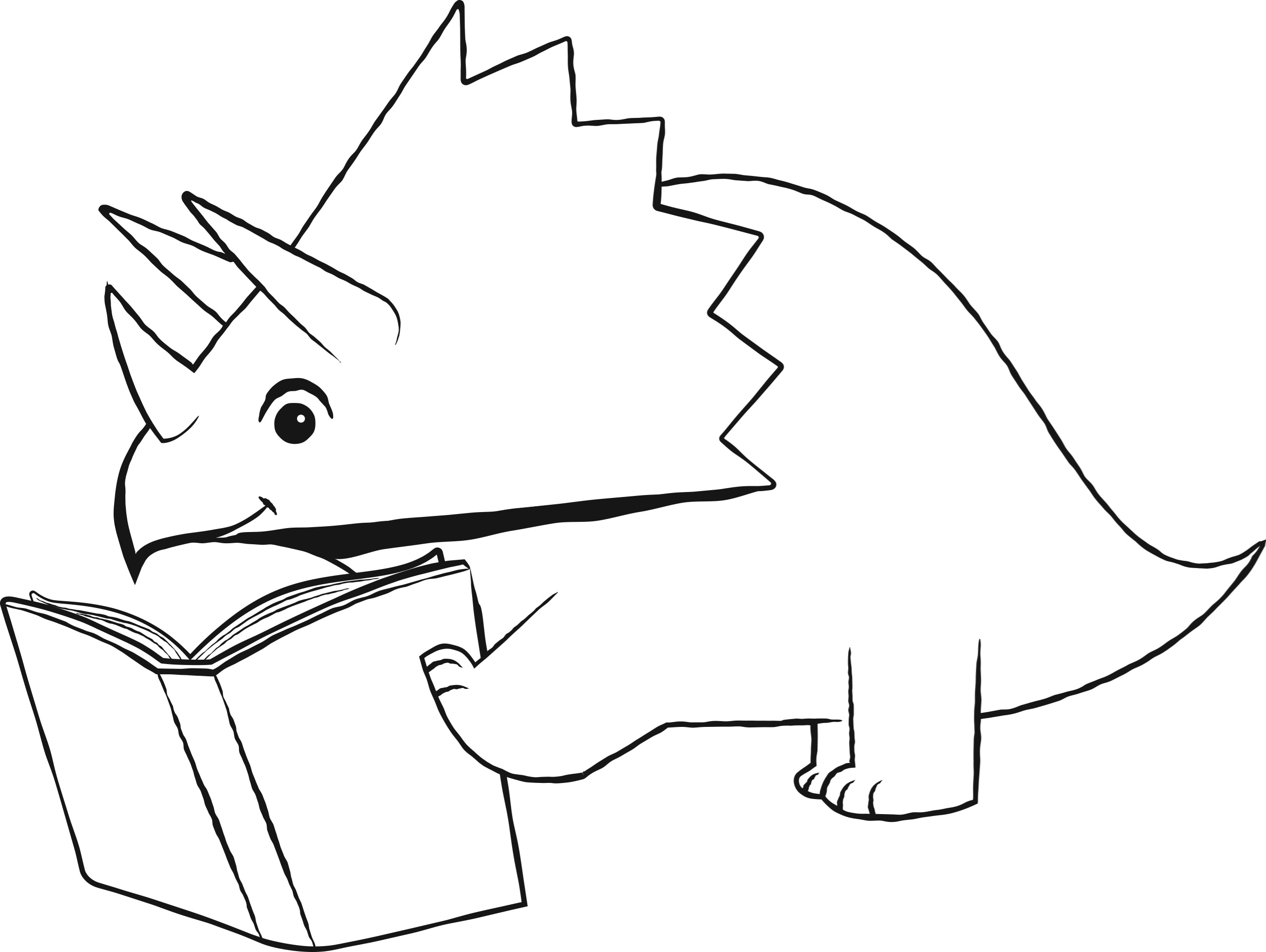 Line drawing of a cartoon triceratops with a book