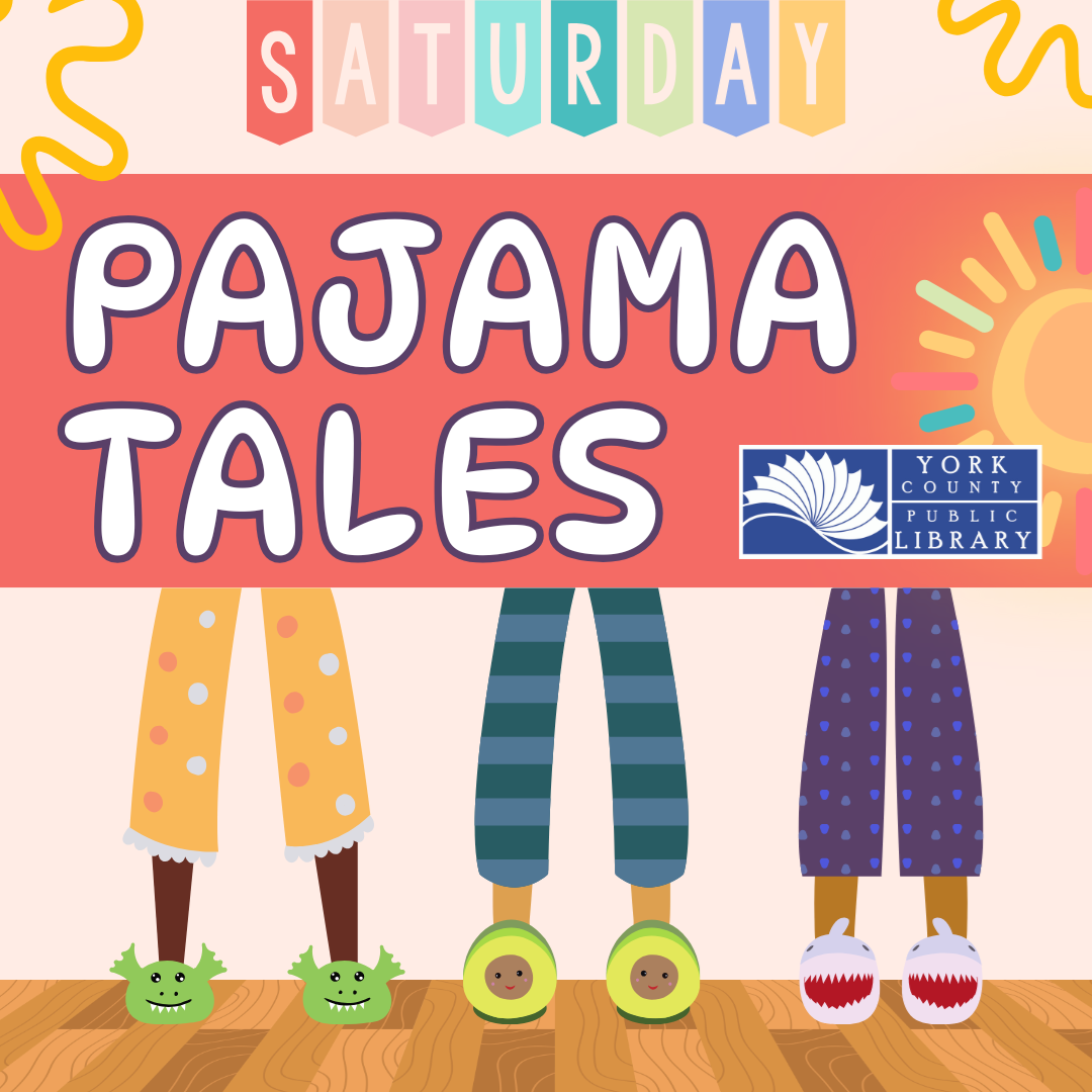 Graphic with pajama-clad figures and library logo