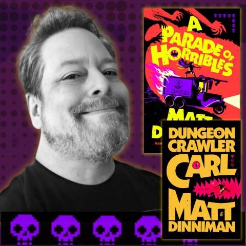 An author's headshot next to two book covers