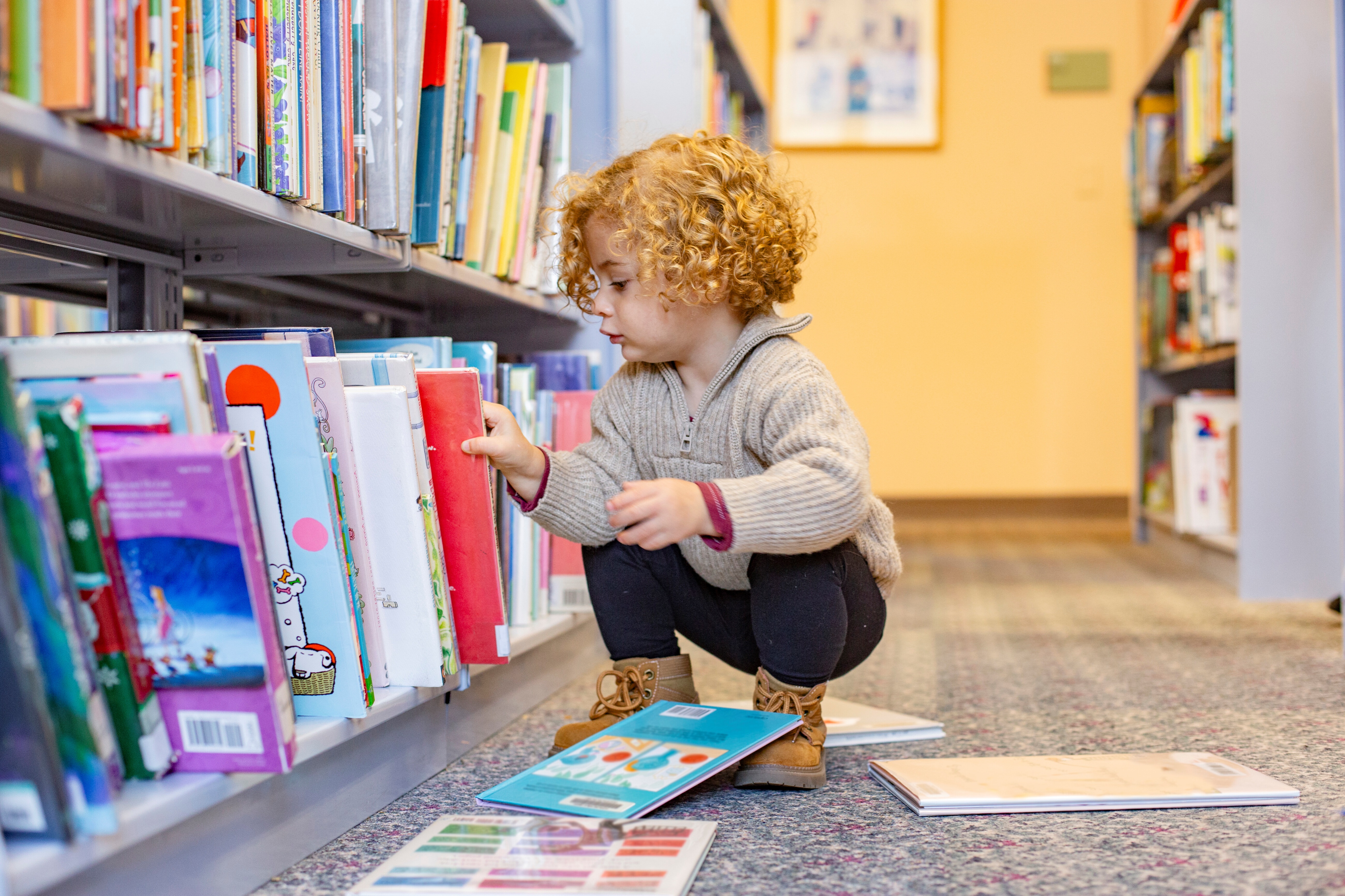 Little Child Choosing Books From A Library Shelf With Colorful Books Nearby
