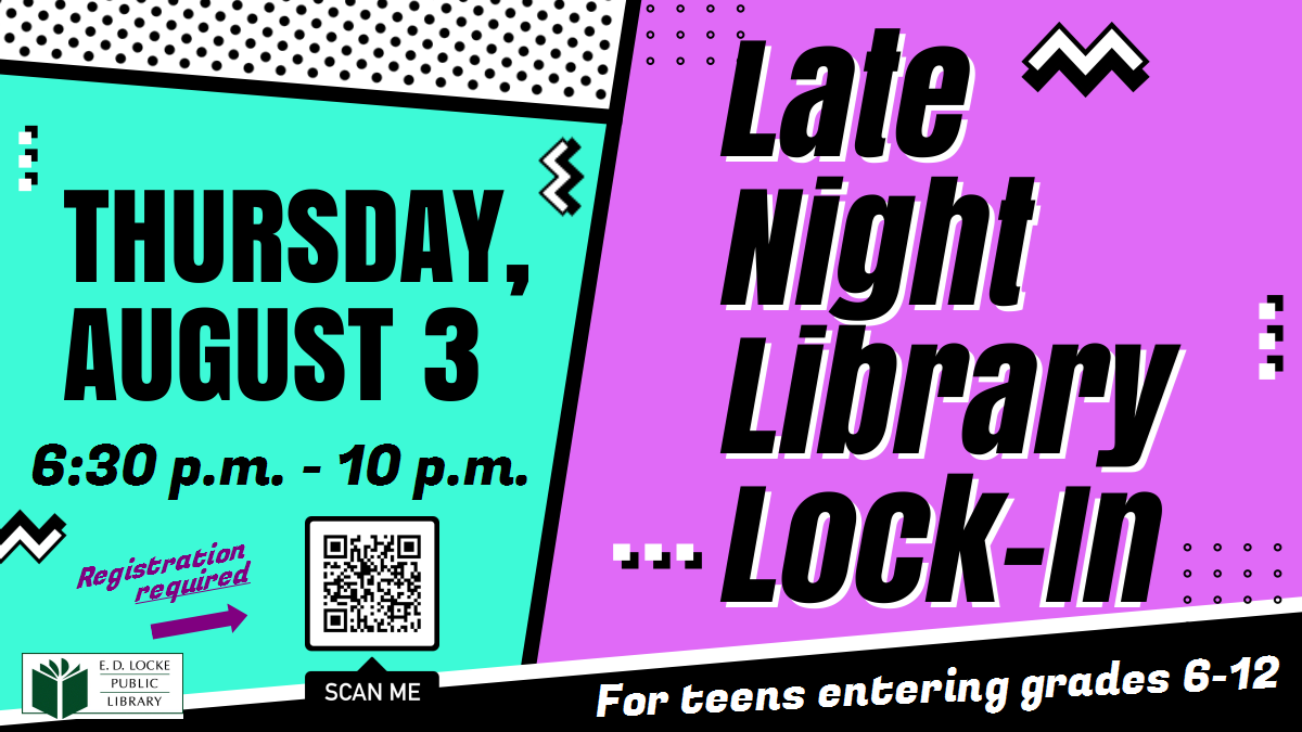 Text on teal and purple 90s style background "Late Night Library Lock-In Thursday, August 3 6:30 pm - 10 pm. Registration required. For teens entering grades 6-12.