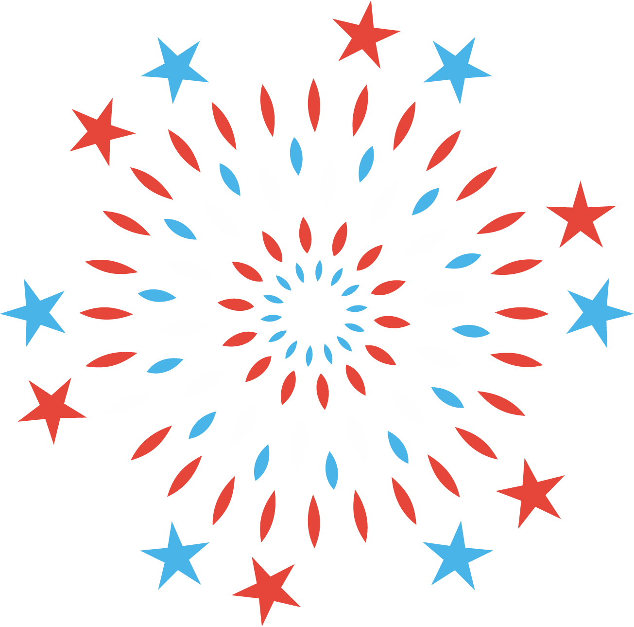 A red and blue firework burst with stars on the outer edge