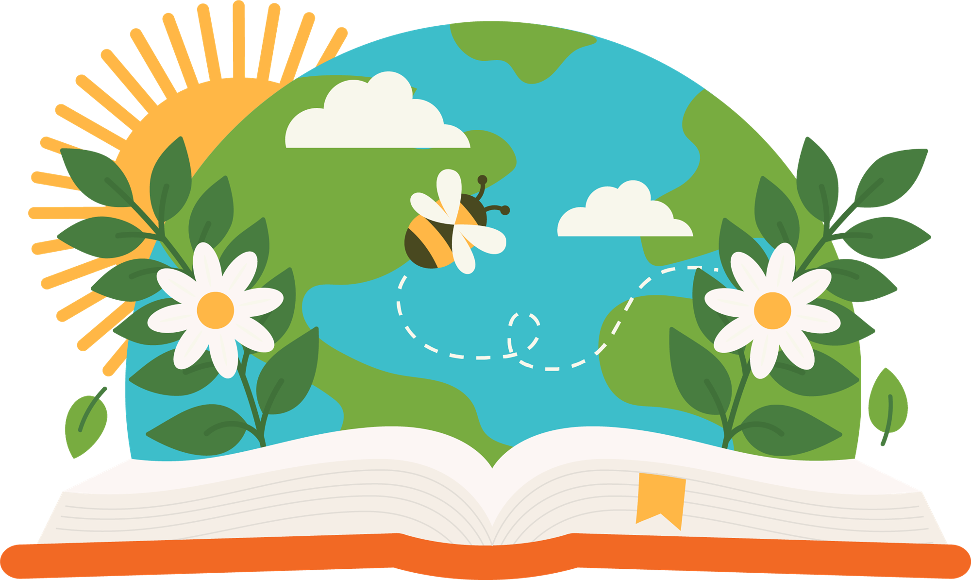 A book is lying open flat with an image of the Earth coming out of the book. Two white flowers and a bee are in front of Earth and the Sun is peeking out from behind.