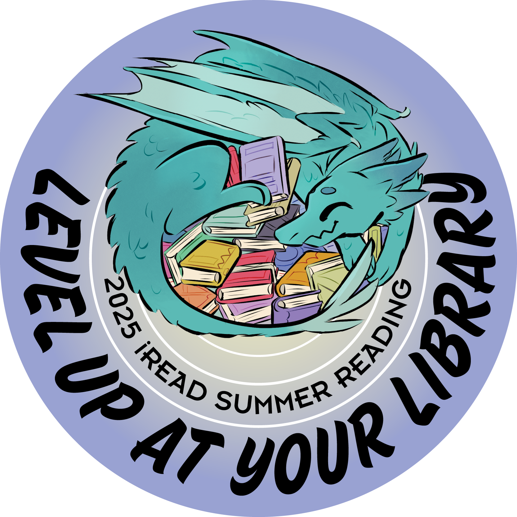 A circle features a dragon curled around a pile of books. Curved around the bottom of the circle is text: 2025 iRead Summer Reading Level Up at Your Library.