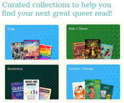 Text "Curated collections to help you find your next great queer read!" above 4 Libby collections: Pride, Kids & Teens, Nonfiction, and Comics & Manga