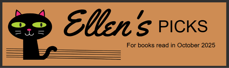 Tan banner with a drawing of a black cat with green eyes on the left side. Text to the right reads "Ellen's Picks. For books read in October 2025."