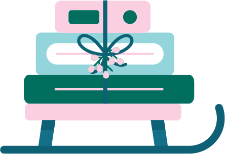 Clipart image of a sled with a stack of books on top tied with misteltoe