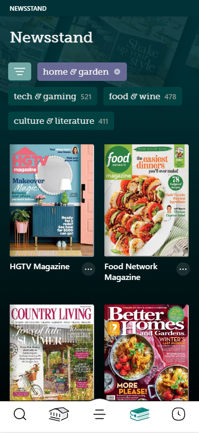 Screenshot of the Libby app featuring the Newsstand with several magazine covers