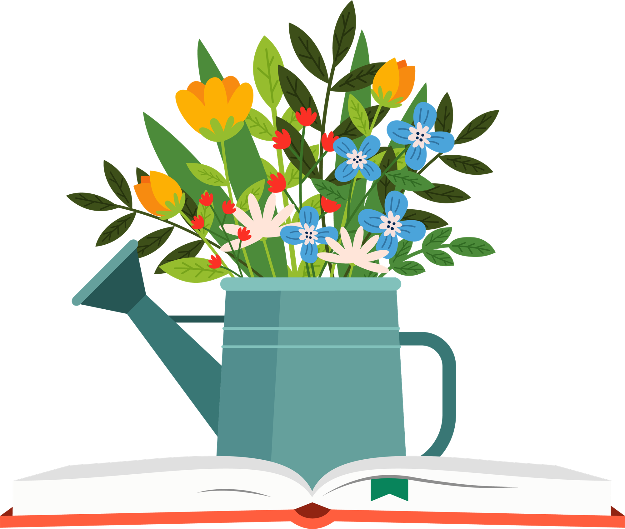 A drawing of a watering can with a bouquet of flowers sits on top of an opened book.