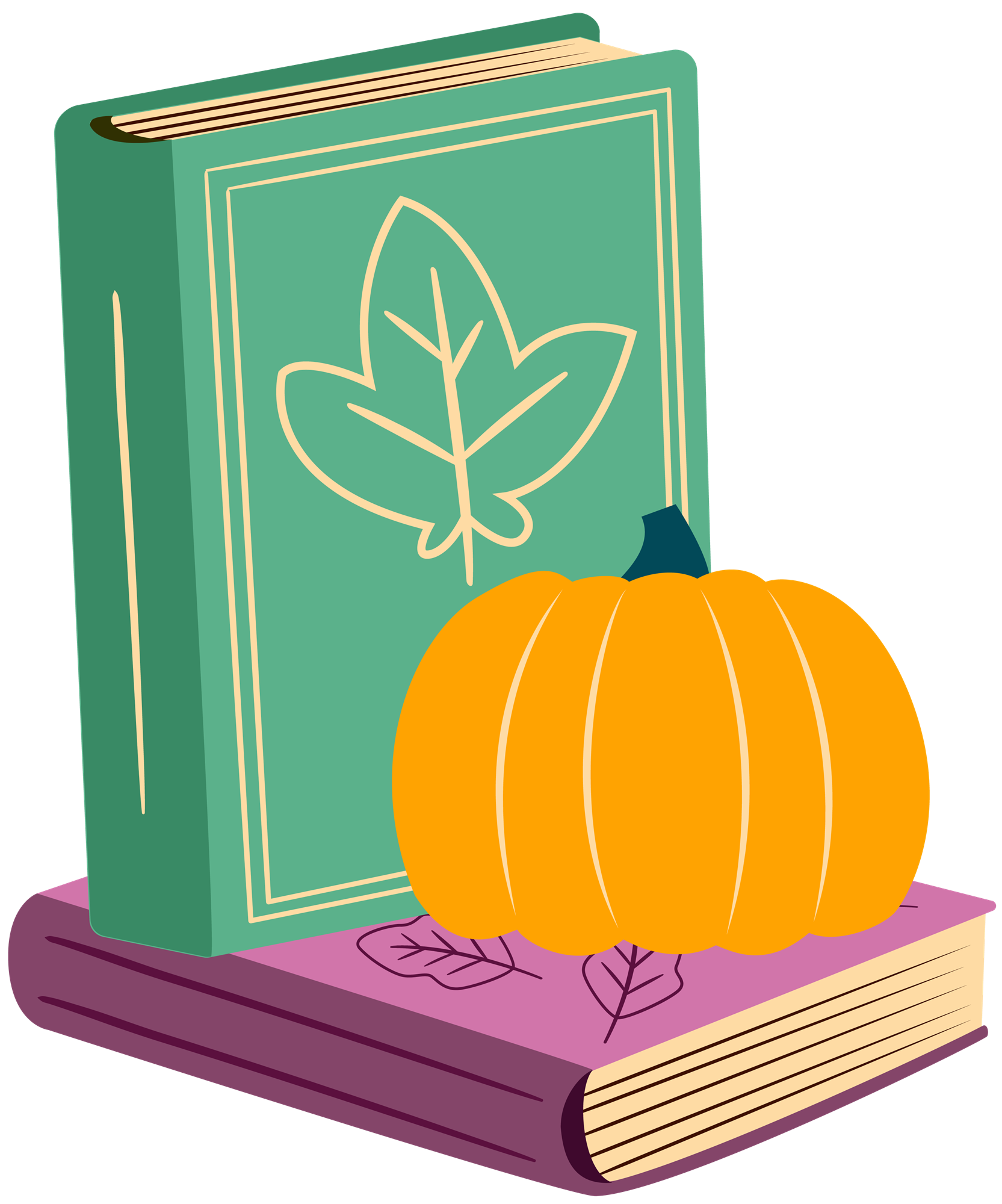 Fall themed drawing featuring books, pumpkins, leaves, a cup of tea and a radio.