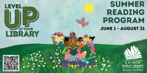 A woman is sitting in a field of flowers reading a book. Children are playing around her. Text reads: Level Up At Your Library Summer Reading Program June 1 - August 31. A woman is sitting in a field of flowers reading a book. Children are playing around her. Text reads: Level Up At Your Library Summer Reading Program June 1 - August 31.