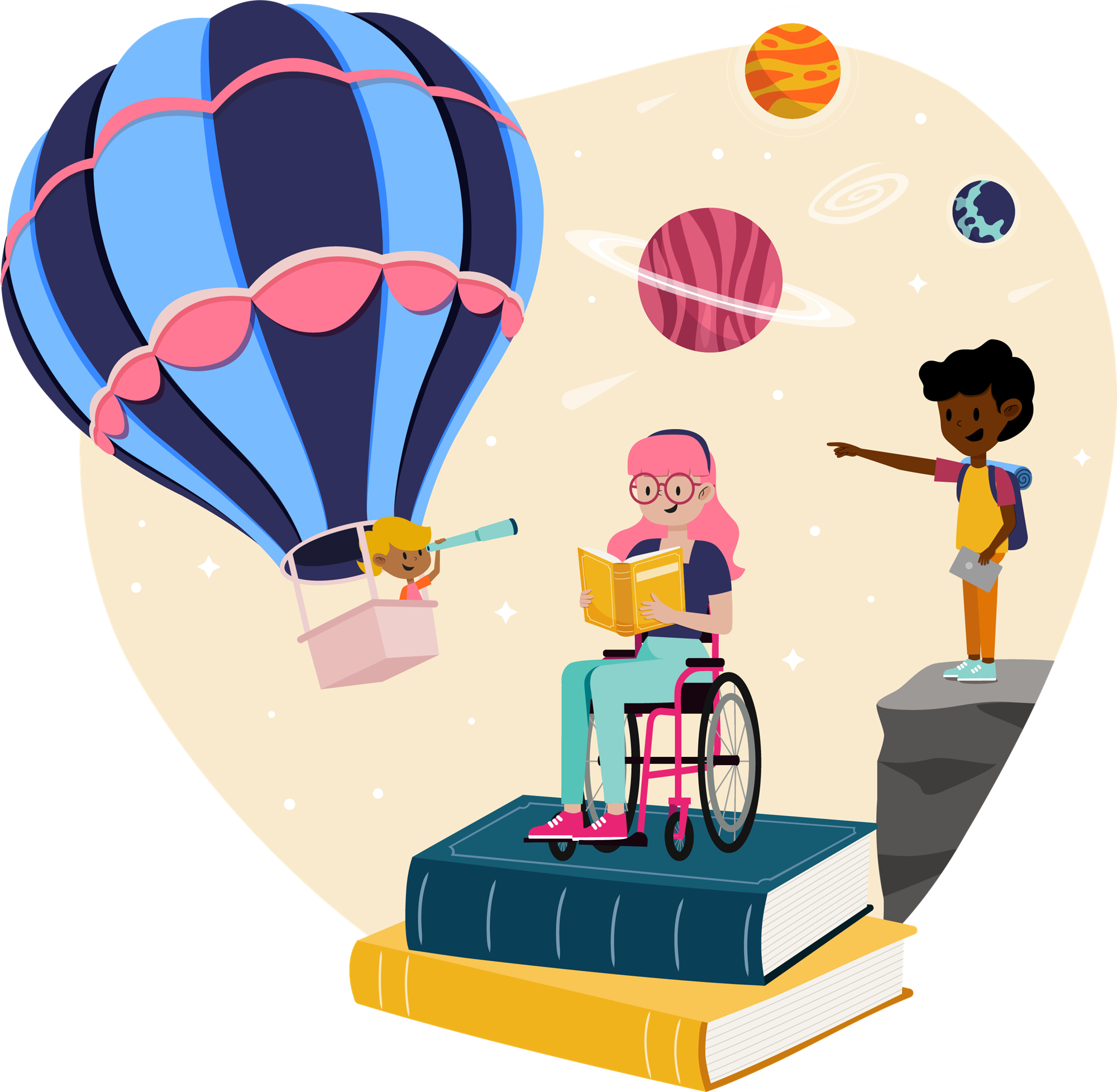 A person is sitting in a wheelchair reading a book. The wheelchair is on top of two stacked books. To the left, a person looks through a telescope while riding in a hot air balloon. To the right, a person is standing and pointing at the edge of a cliff. Three planets are above the people.