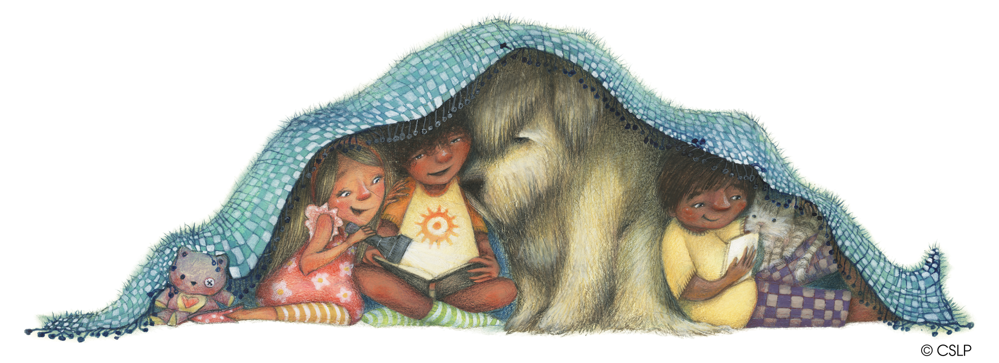 Three children are reading books with a large, fluffy dog under a blue blanket.