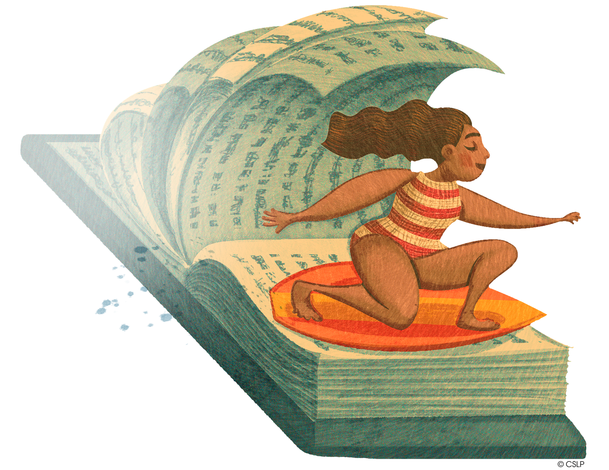 A person with long brown hair and a yellow and orange striped swimsuit is kneeling on an orange surfboard on top of an open book. Some of the pages are curved to look like waves.