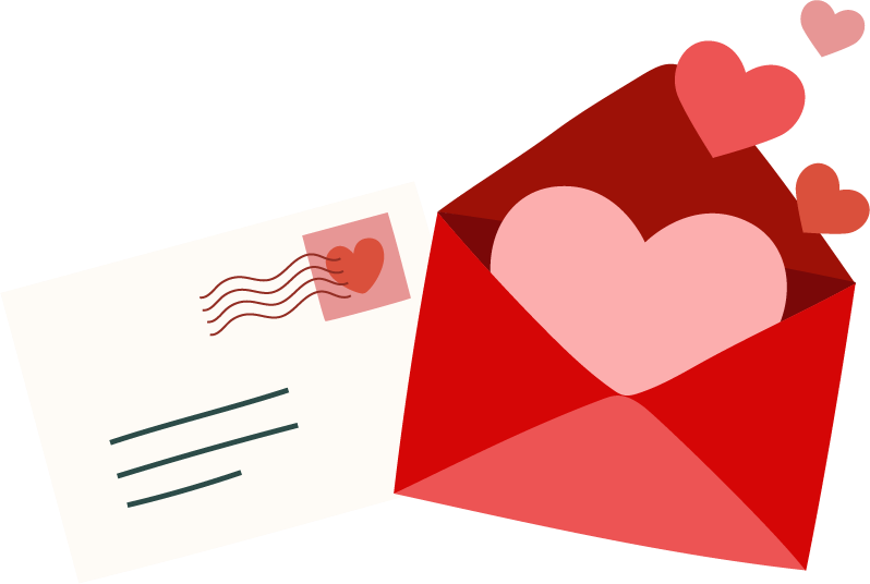 A red envelope with the top flap open and pink hearts coming out of the top.