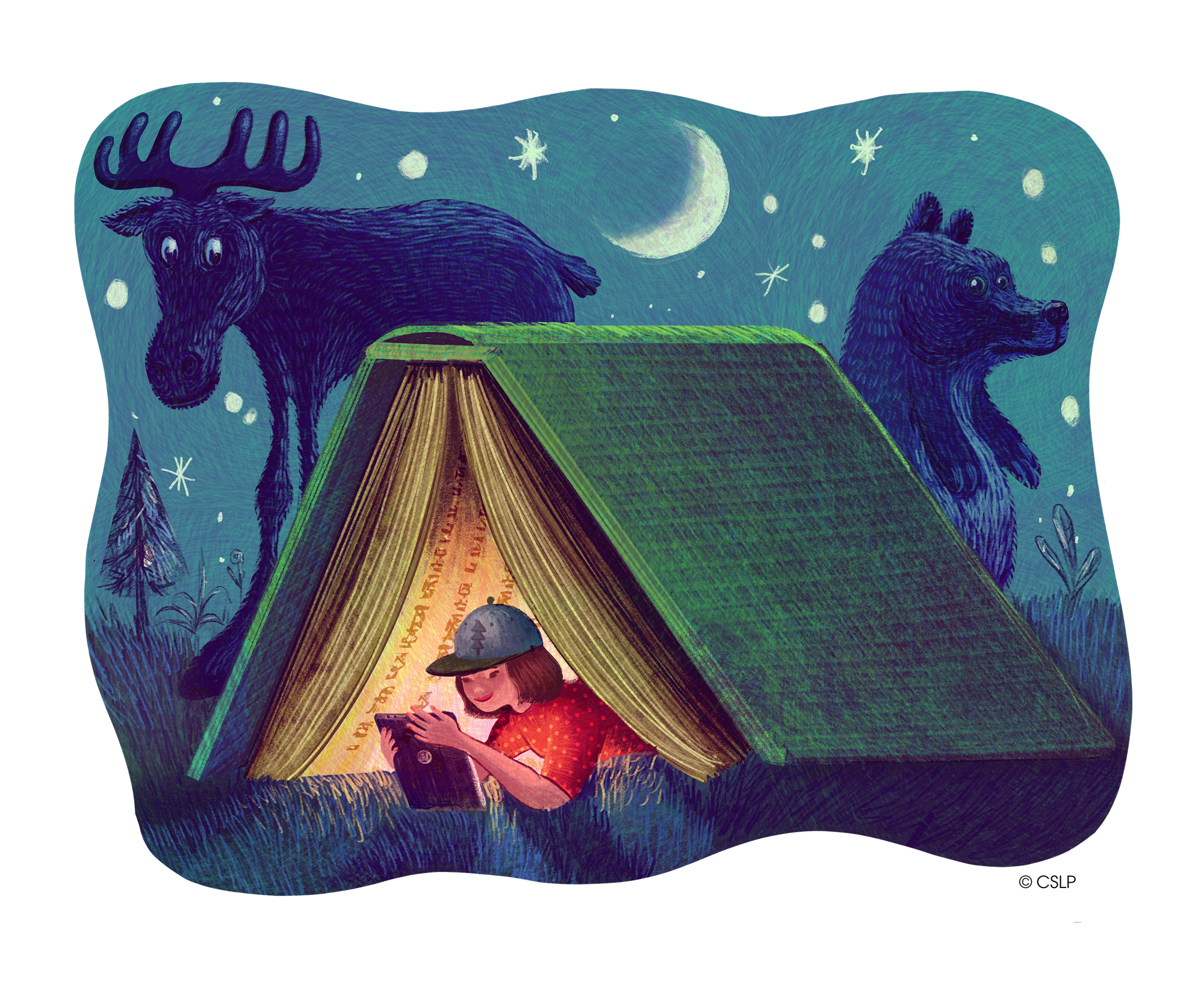 A person wearing a baseball cap is reading a book inside a book that looks like a tent. A large moose and bear are in the background and a crescent moon and stars are in the sky.