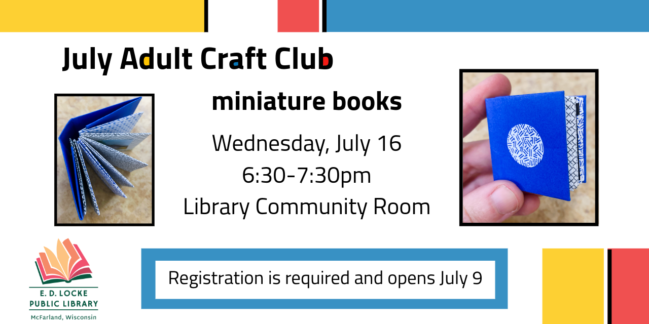 Picture of various art supplies with a blue text box in the upper left that reads "Craft Club!"