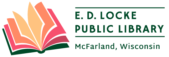 E.D. Locke Public Library, McFarland, Wisconsin logo with an open book with yellow, orange, 