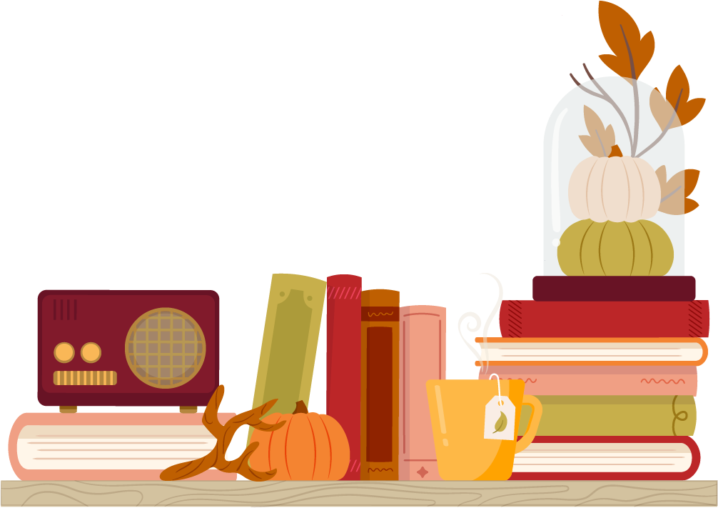 Fall themed drawing featuring books, pumpkins, leaves, a cup of tea and a radio.