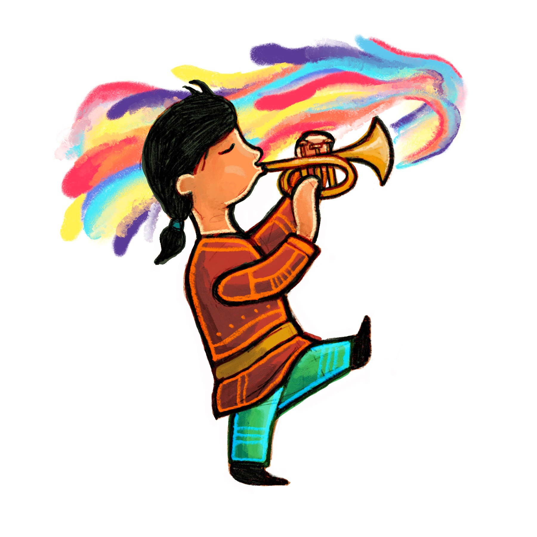 Clipart image of a child marching and playing a trumpet. Streams of color are coming out of the trumpet.