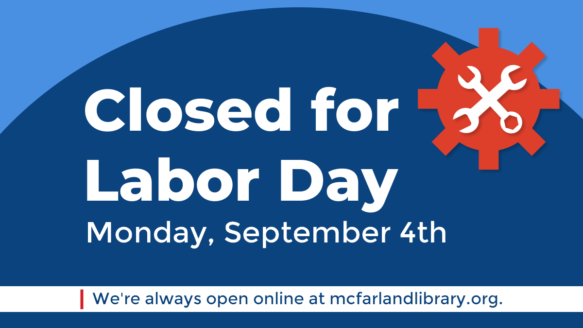Text "Closed for Labor Day Monday, September 4th" on blue background. Red gear shape with 2 crossed white wrenches in the upper right corner.