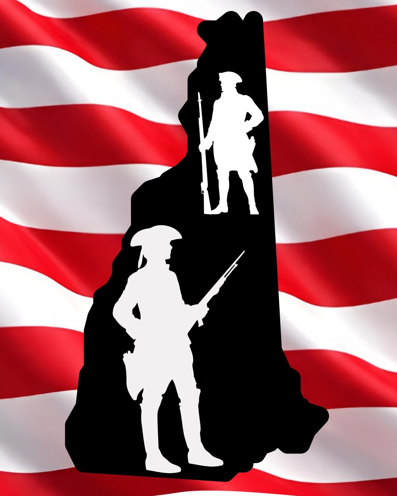 background of red and white striped flag waving, with black silhouette of New Hampshire and white silhouettes of revolutionary war era soldiers