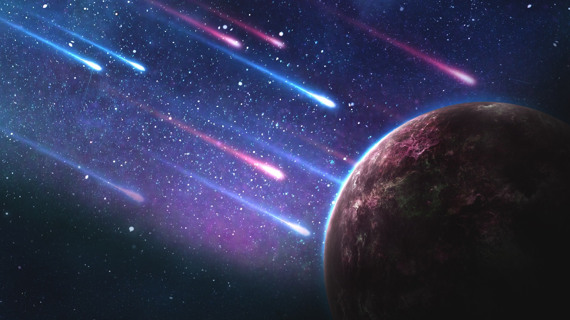 A glowing planet with streaking meteors in deep space filled with stars