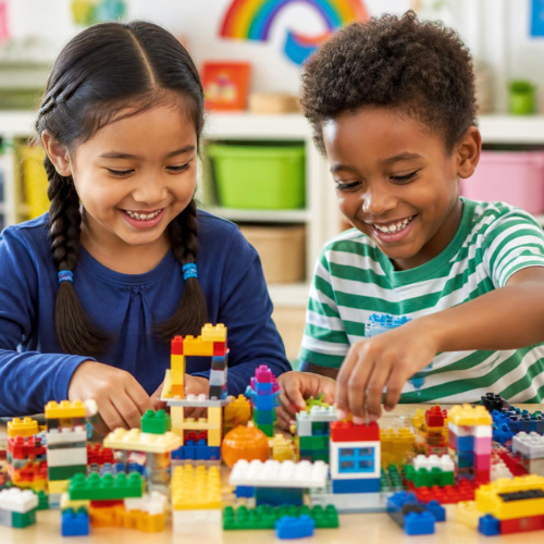 A girl and a boy playing with LEGO