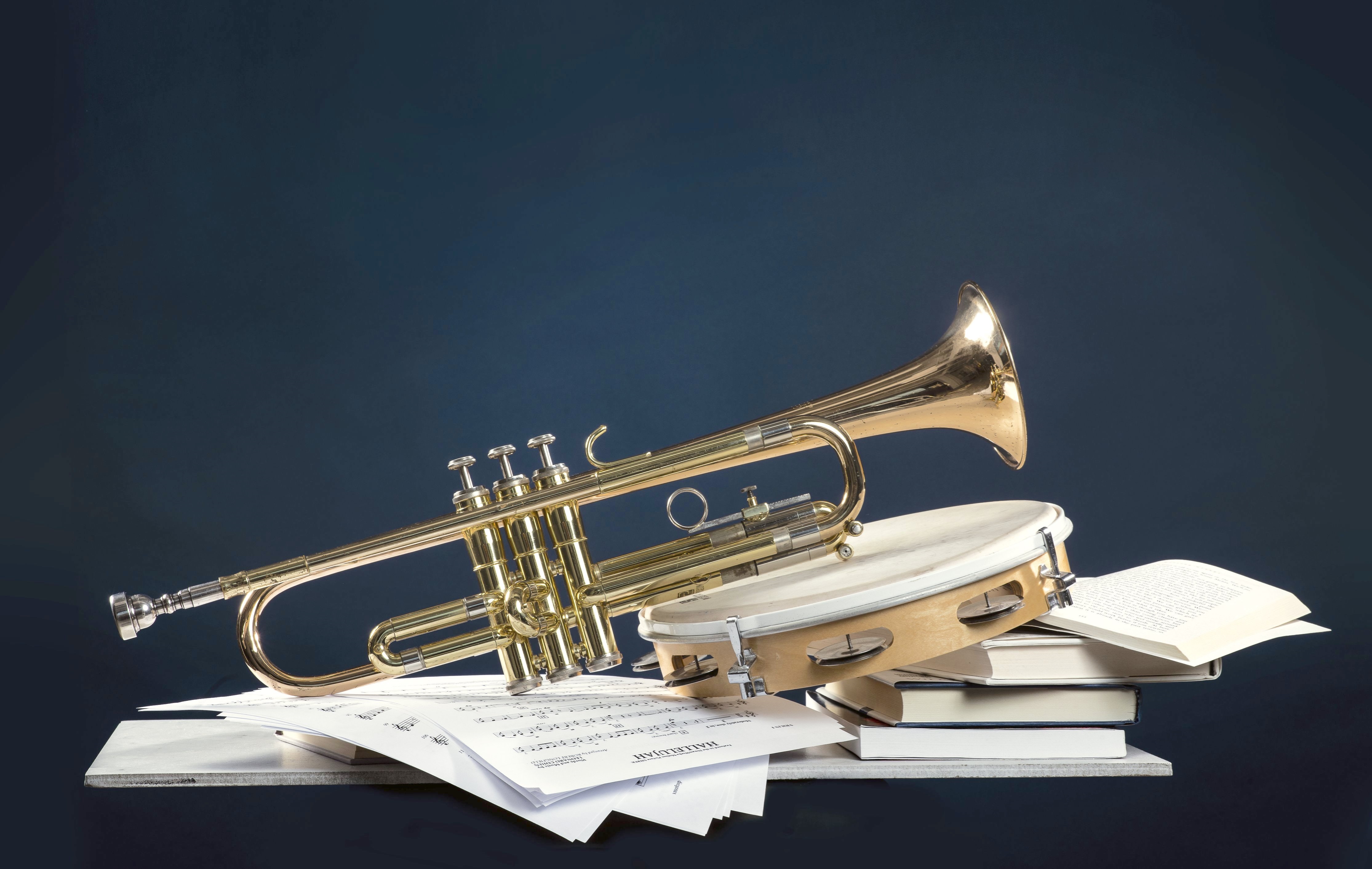 Trumpet Tamborine On Top Of Books