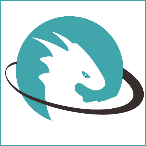 an illustration of a white fantasy dragon in a teal colored circle with a black ring circumference