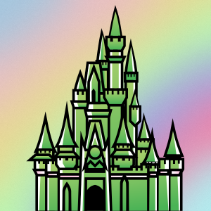 Green castle with rainbow sky in background