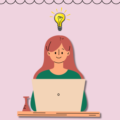 pink background with cartoon image of girl at a laptop with an idea light bulb above head