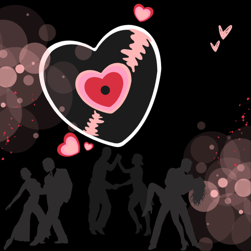 black background with hearts, bokah, & silhouettes of dancers 