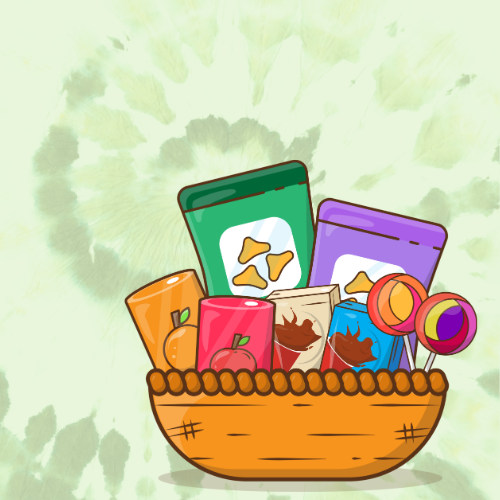 tie dye background with basket of snacks