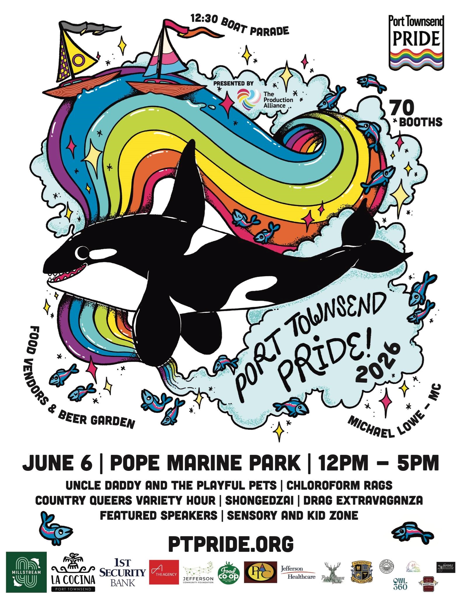 A Poster for Port Townsend Pride presented by The Production Alliance on June 6th, from 12 pm until 5 pm.
