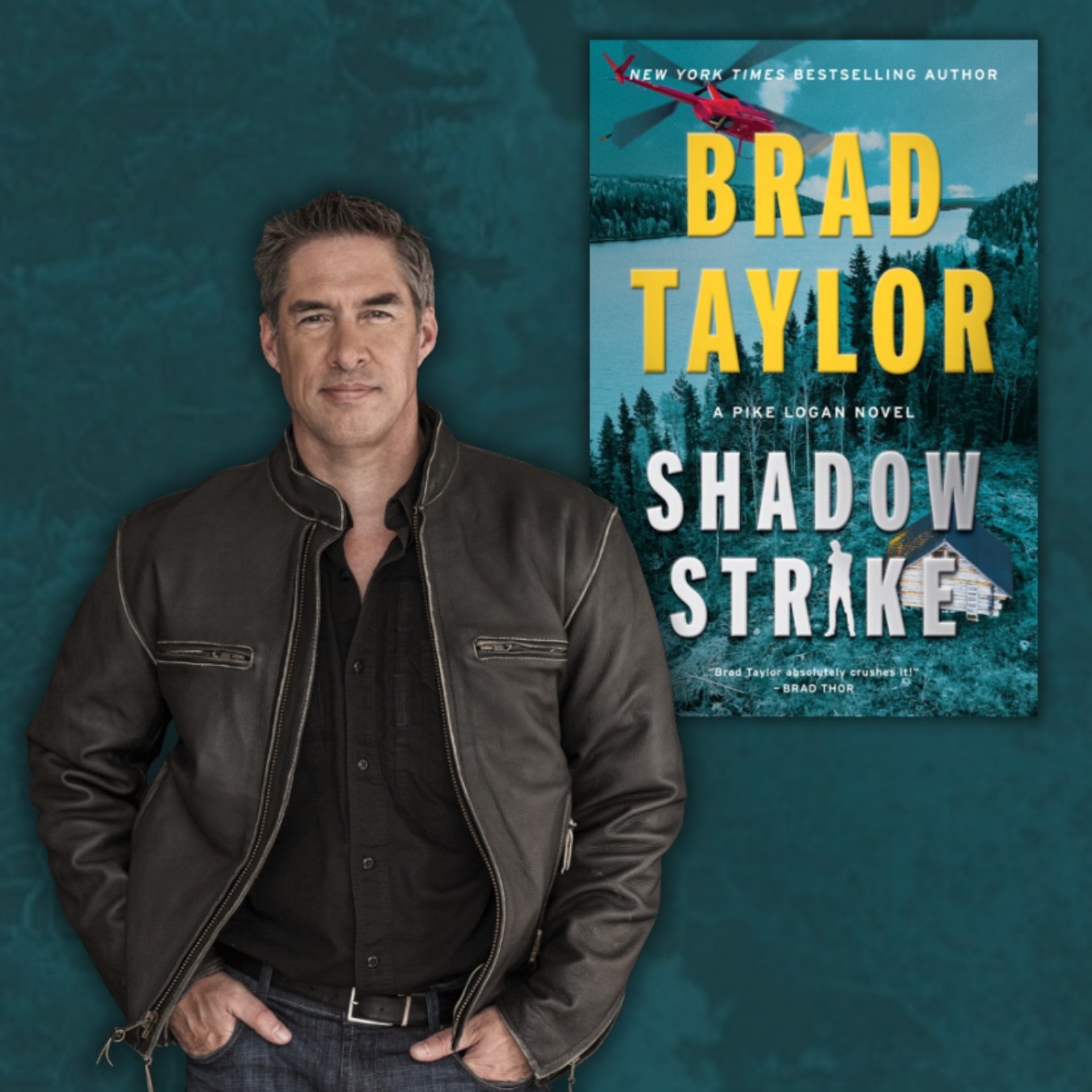 Author Brad Taylor standing next to his new book Shadow Strike