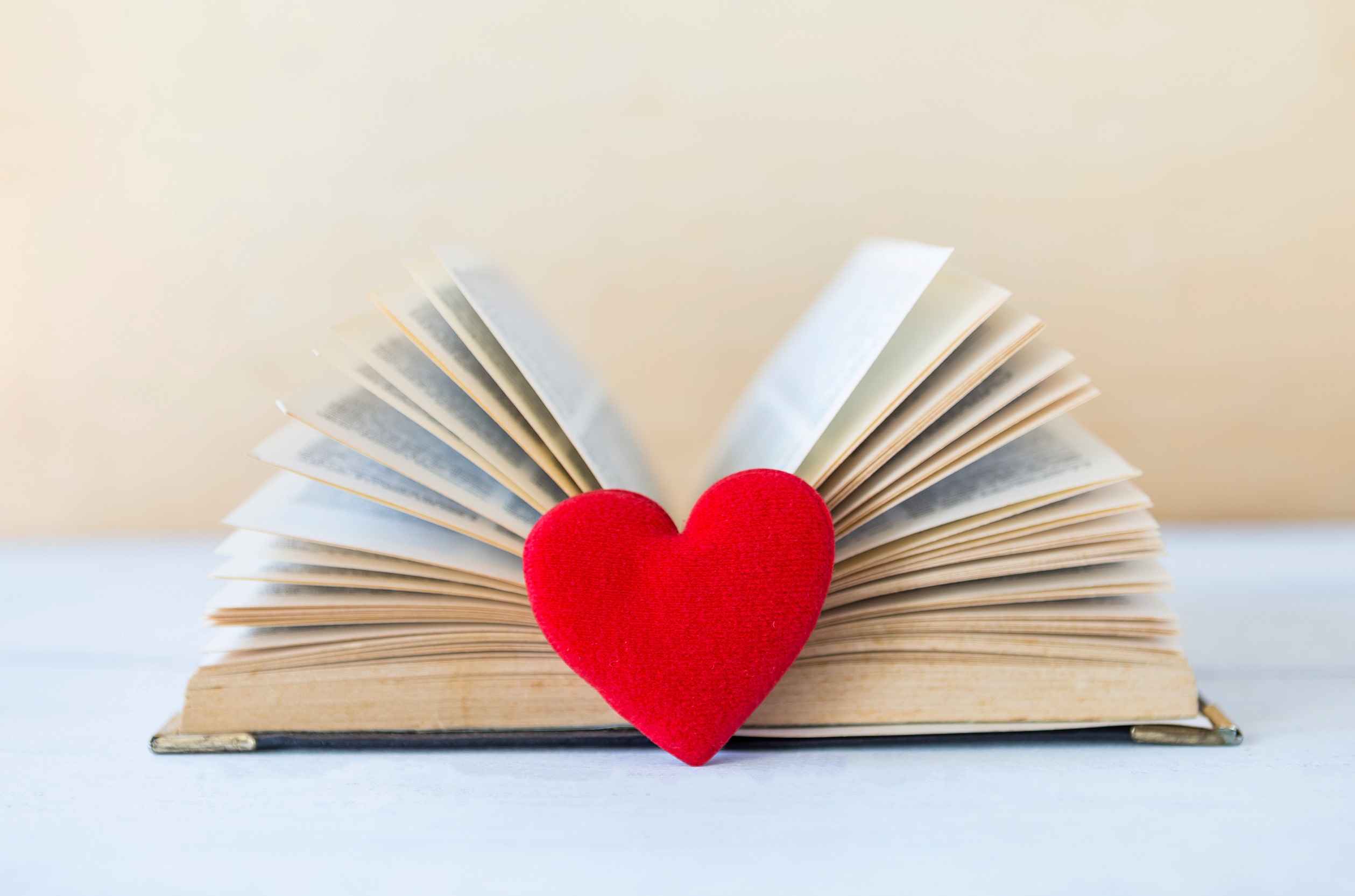 A book with a red felt heart.