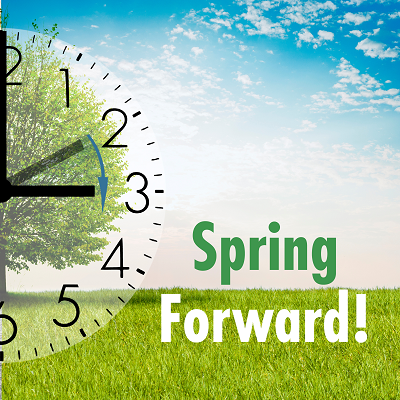 A clock and the words "Spring Forward."