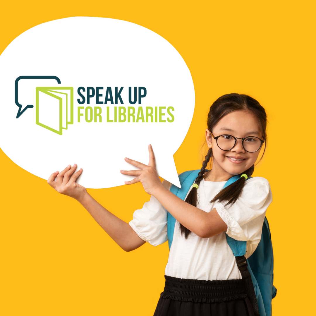 Child with a backpack holding a sign in the shape of a speech bubble with the Speak Up For Libraries logo on it with a book icon overlapping a speech bubble icon.