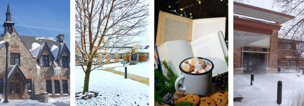 Image with four photos of winter scenes with library interiors and exteriors.