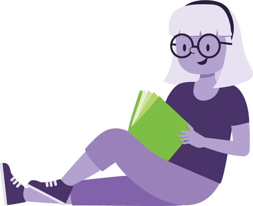 Illustration of a person with glasses sitting on the ground reading a book.