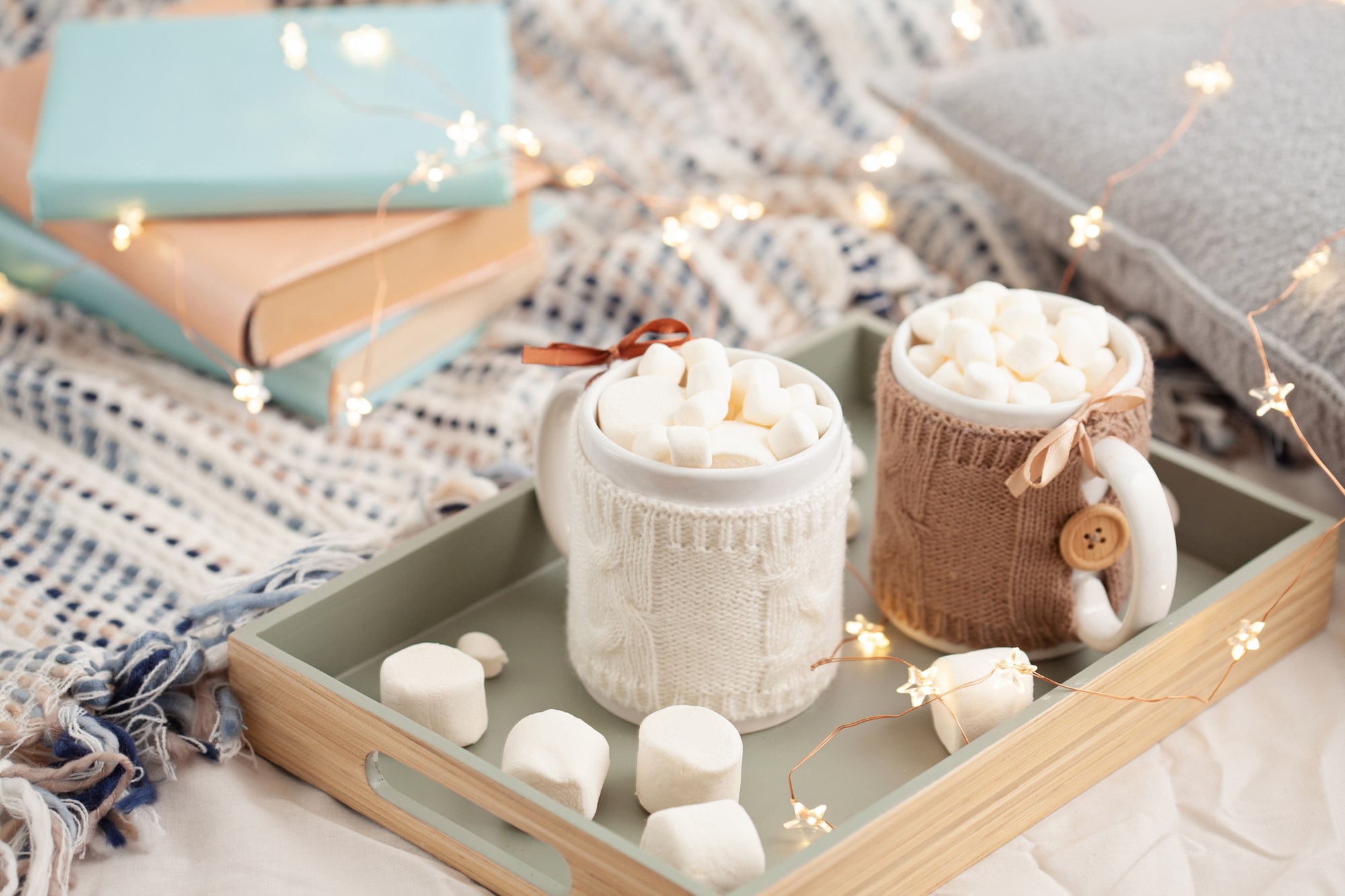 Stack of Books with Two Mugs of Hot Cocoa and Marshmallows
