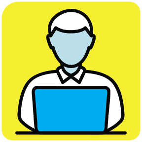 Person at a computer illustrated icon.