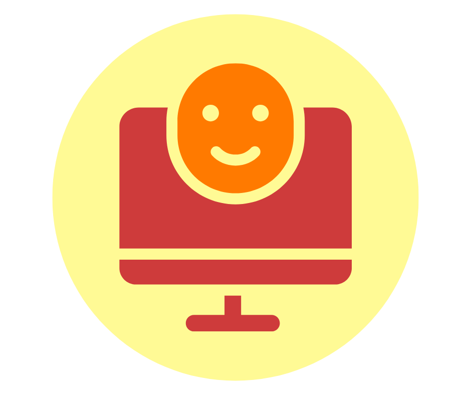 A computer monitor with a smiley face icon in a circle